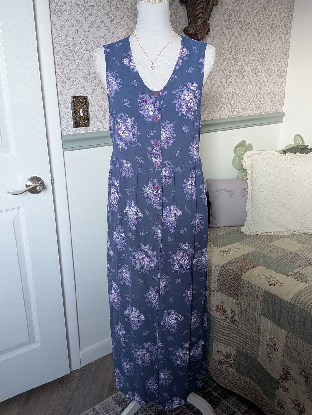 April Cornell Floral Midi Dress M Blue Purple Rayon Cottagecore Pockets